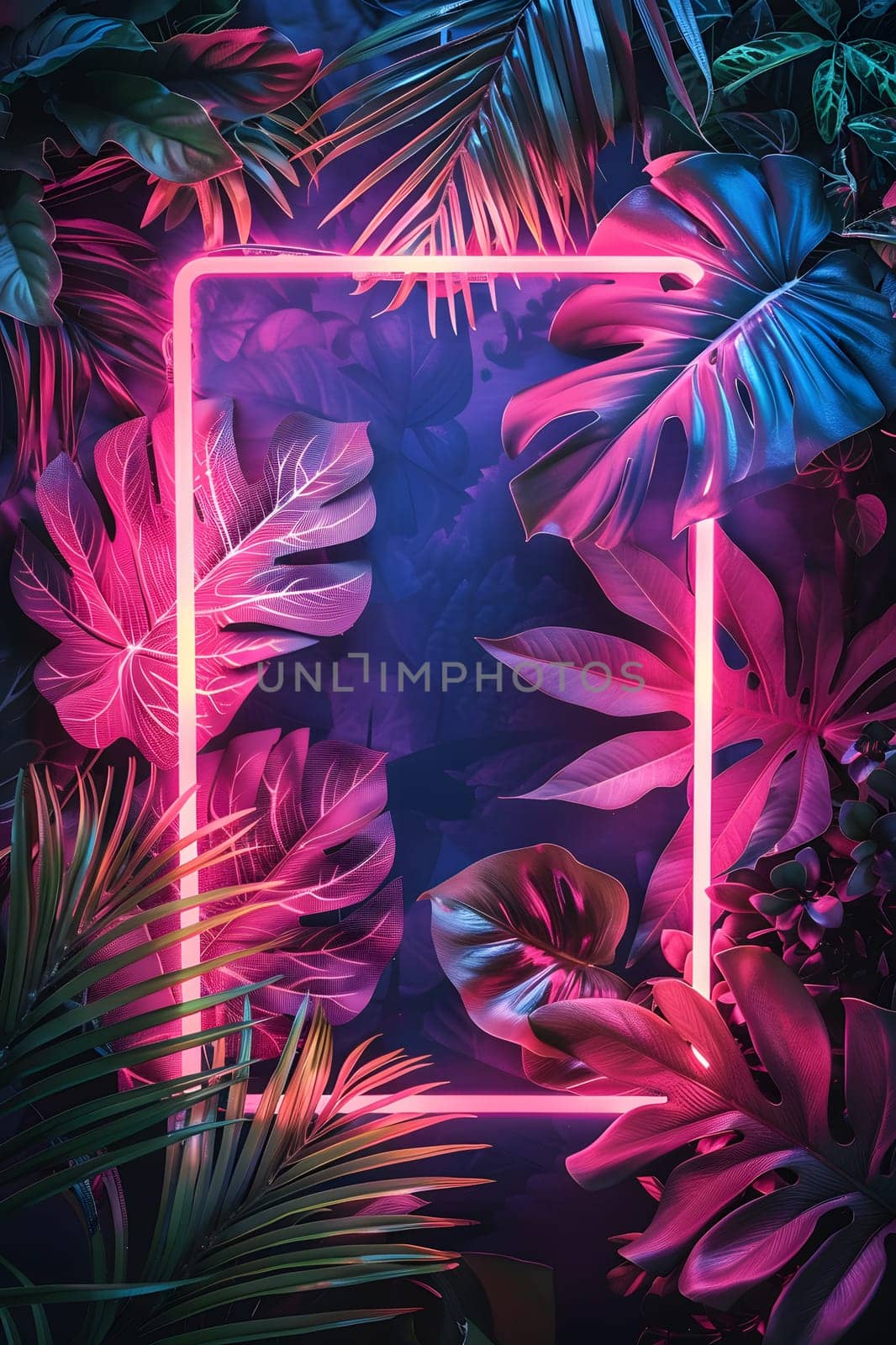 A neon light frame is encircled by pink, red, and magenta tropical leaves in the dark, creating an artistic display reminiscent of marine biology