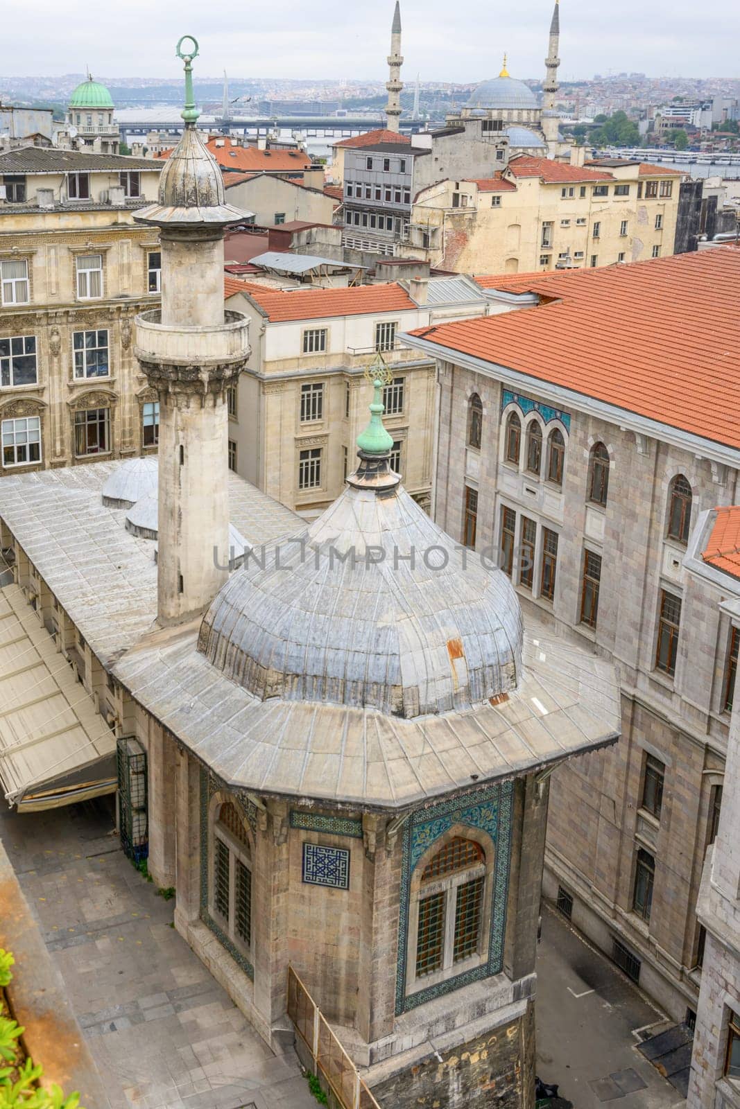 Aerial view of Hobyar Mosque, New Mosque and Ataturk Bridge