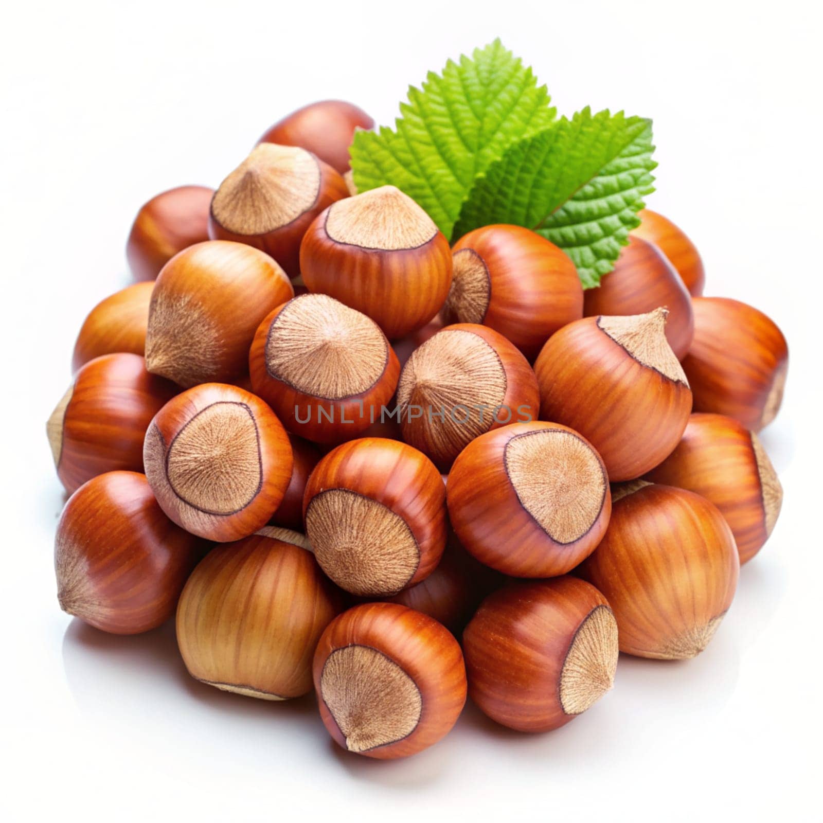 Bunch of hazelnuts with green leaves isolated on white background. Ai generated image