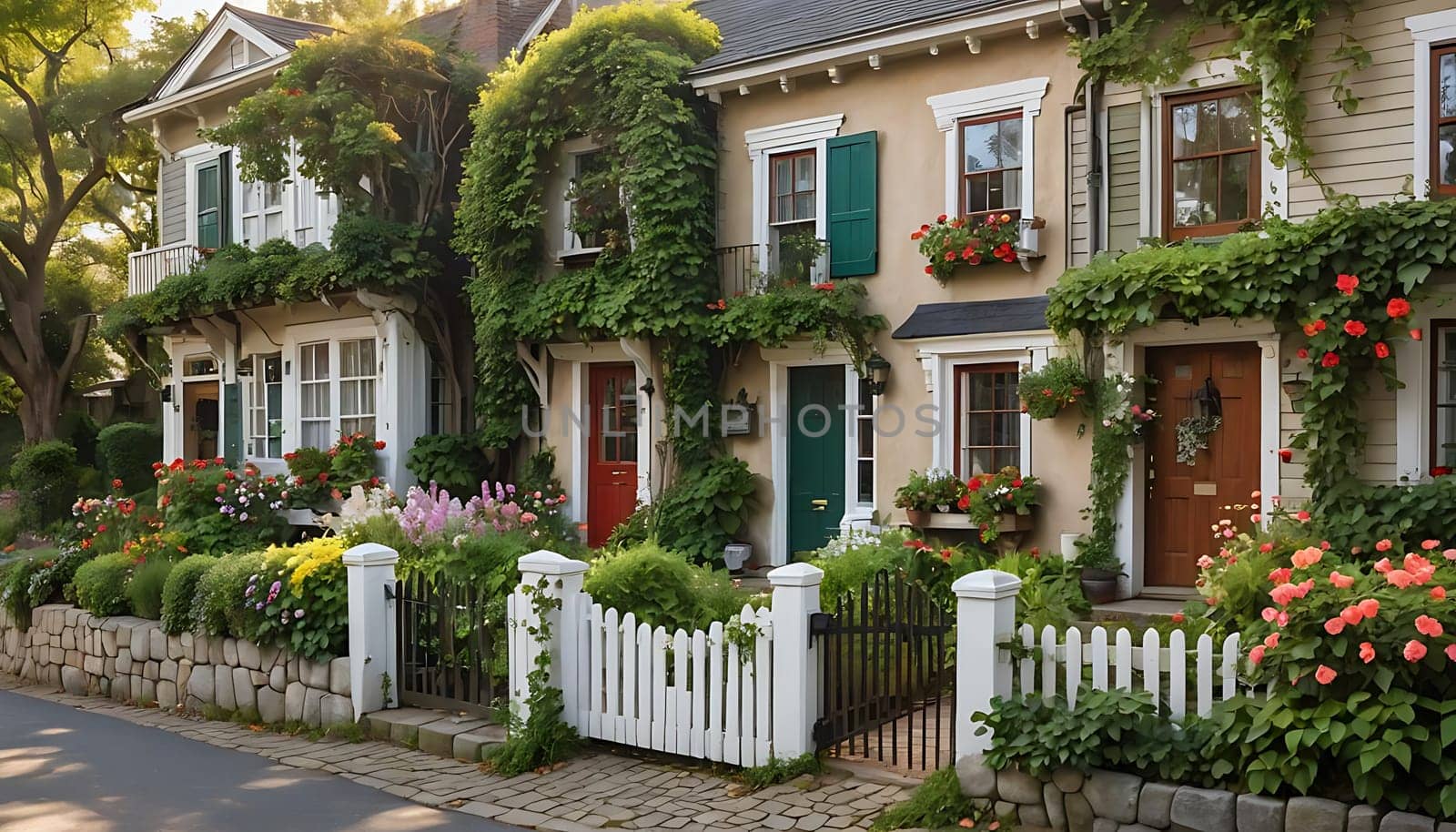 The image shows a row of houses lined up next to each other, with colorful flowers growing on their exterior walls. The flowers add a vibrant touch to the buildings, creating a unique and picturesque sight.