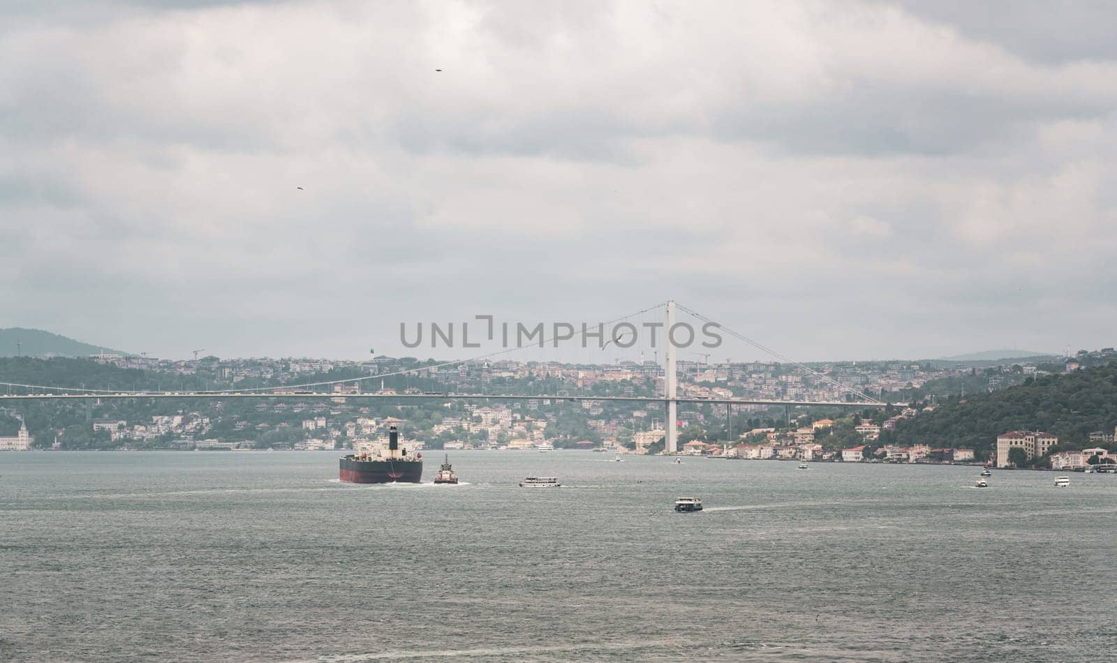 Aerial view of the Bosphorus and the Bosphorus Bridge on a cloudy Istanbul day