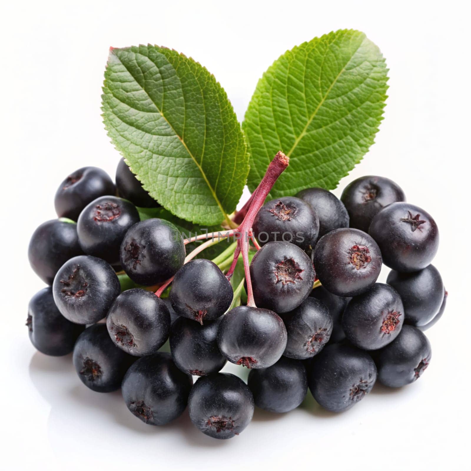 Chokeberry branch with green leaves isolated on white background. Ai generated by alenamoore