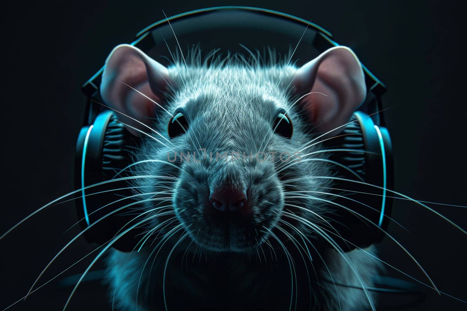 closeup a rat wearing HD headphones, ai generative.