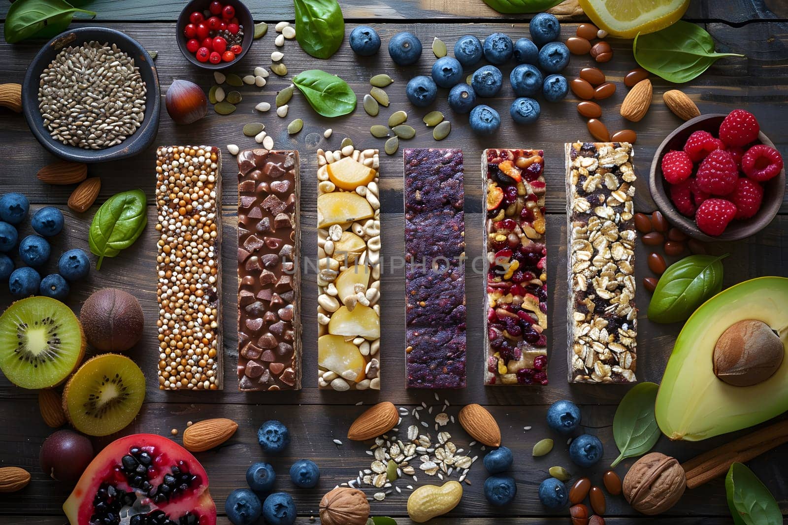 A picturesque wooden table displaying an array of natural foods like fruits, nuts, and granola bars, arranged in a creative artsy pattern