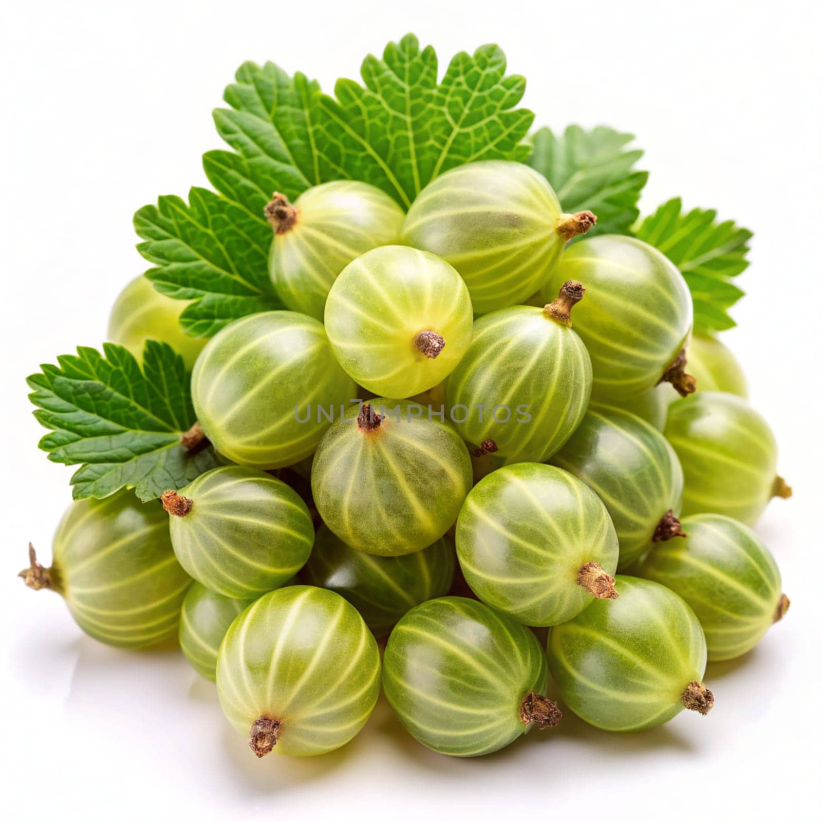 Bunch of green gooseberries isolated on white background. Ai generated by alenamoore