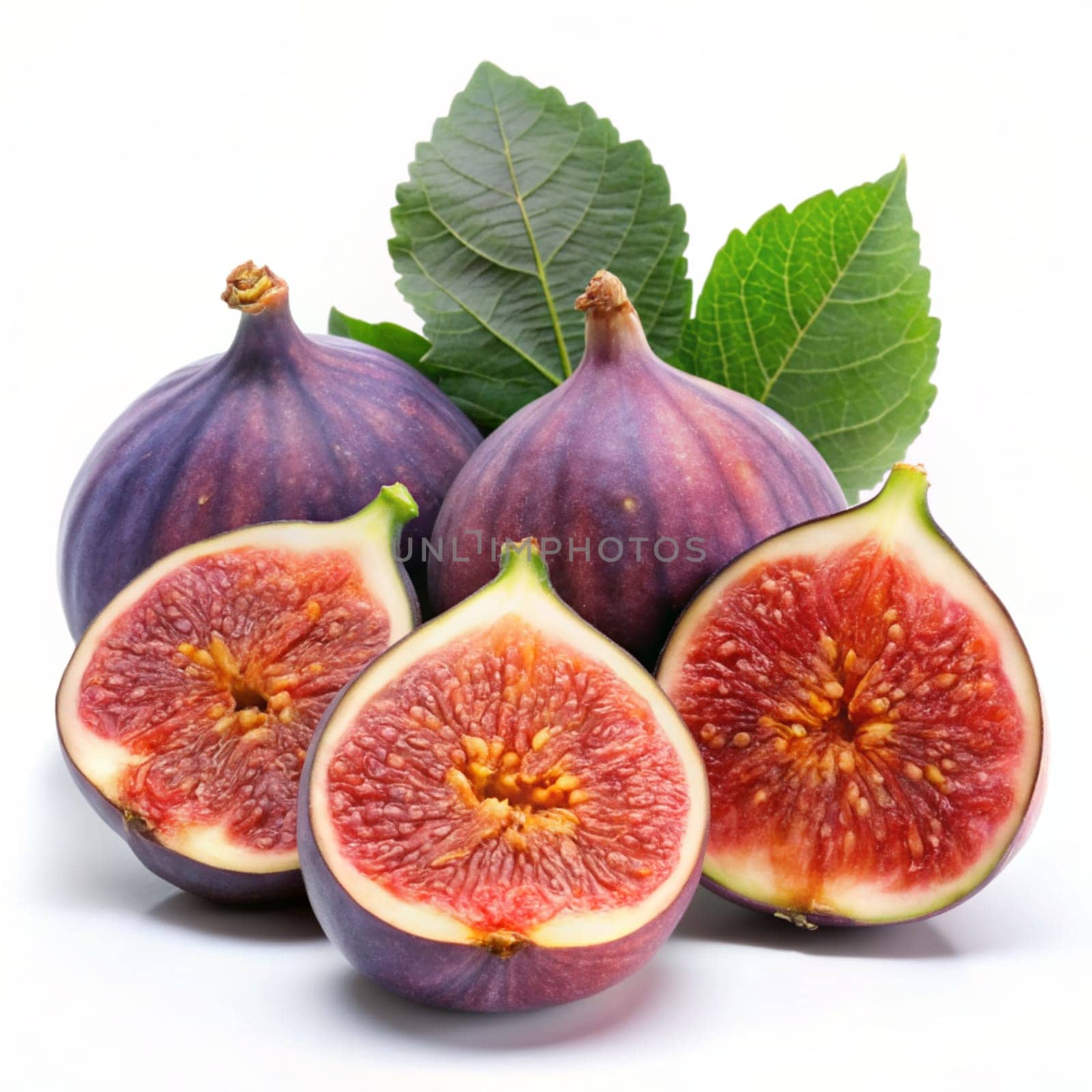 Whole fig fruit and slice fig with green leaf on white background. Ai generated by alenamoore