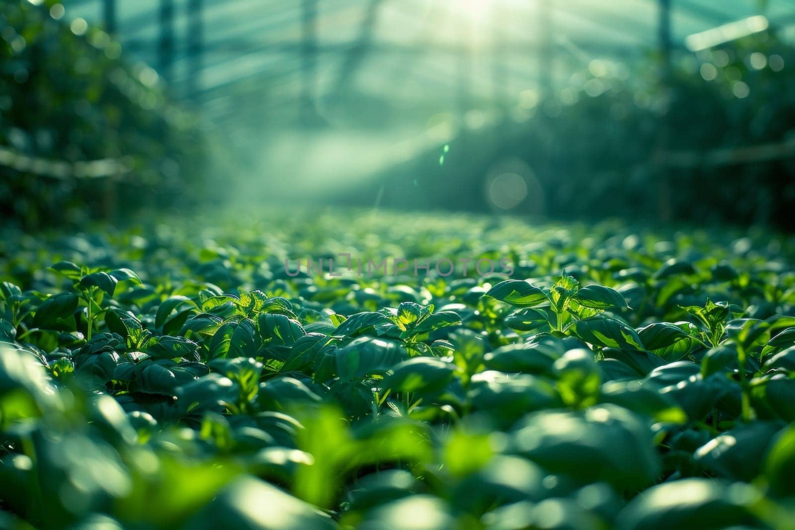 A greenhouse filled with rows of lush, green basil plants growing in black pots, creating a verdant and nurturing environment for the fragrant herbs to flourish. by sfinks