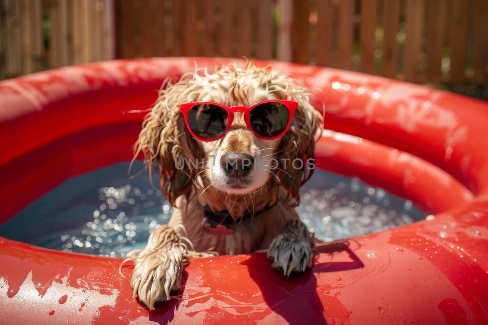 Dog with funky sunglasses in swimming ring enjoying summer holiday. generative ai.