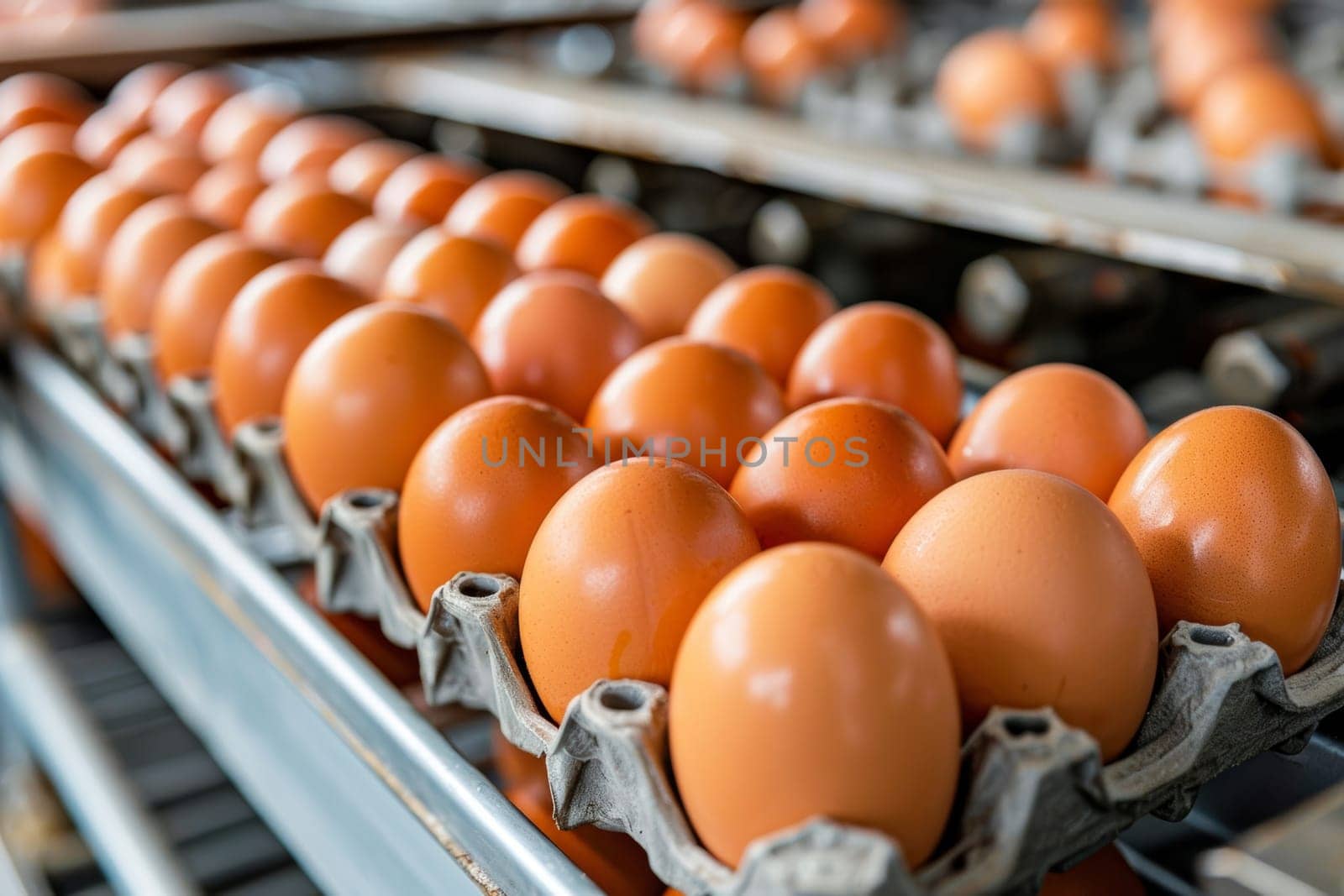 Wooden crates filled with rows of fresh, brown eggs are showcased at a bustling farmer's market, highlighting the locally-sourced, sustainable produce available for purchase. by sfinks