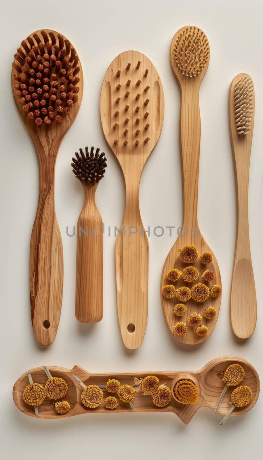 An array of natural wooden hair brushes, including a variety of shapes, sizes, and bristle densities, displayed on a light background. by sfinks