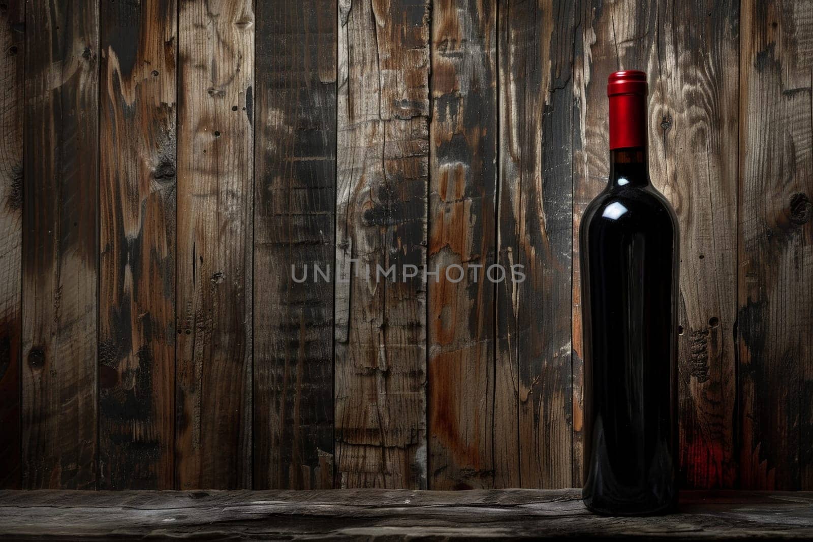 Red Wine Bottle with Rustic Oak Wooden Background. ai generative.