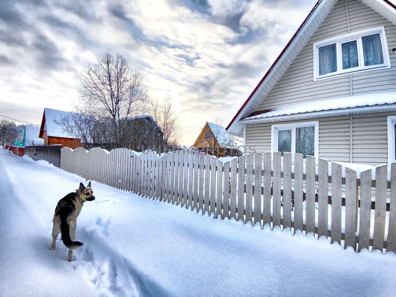A cozy cottage with snow-covered roof and picket fence, set against a bright winter sky