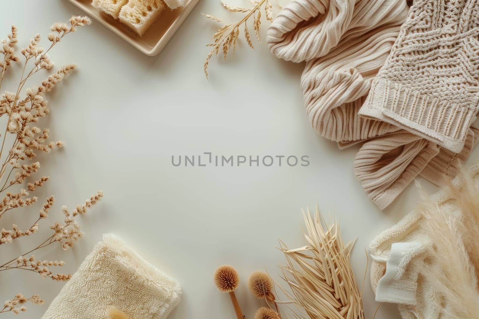 A white background with a bunch of flowers and a towel. The towel is folded and the flowers are scattered around it