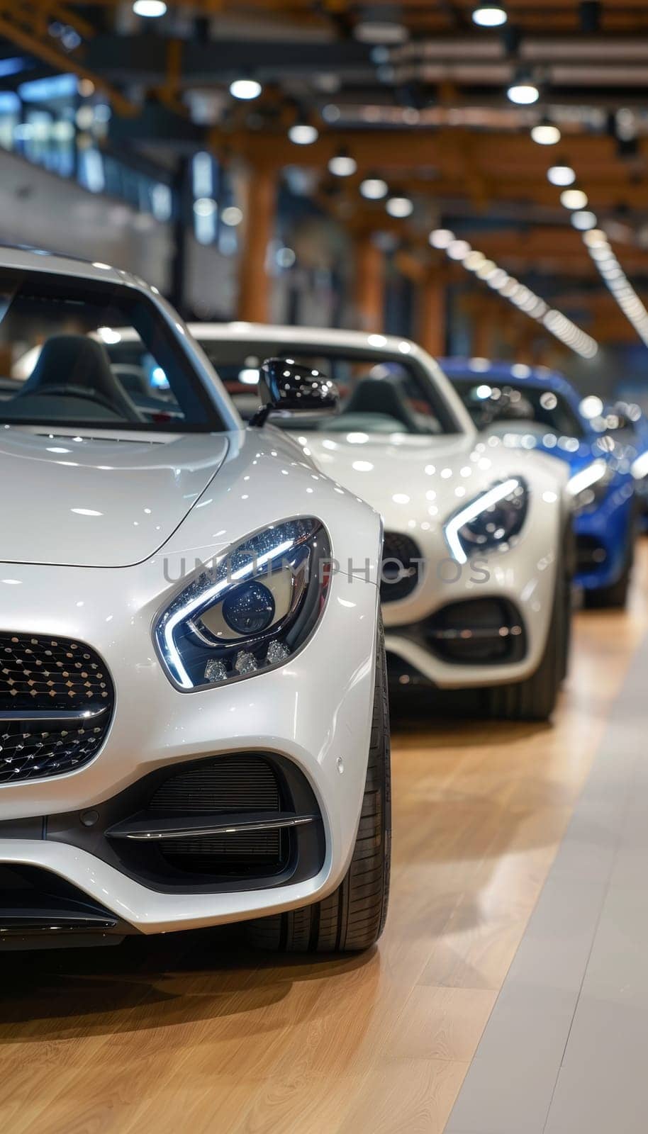 A row of gleaming, high-performance sports cars are showcased in a dimly lit showroom, their elegant lines and powerful designs creating an atmosphere of luxury and exclusivity. by sfinks