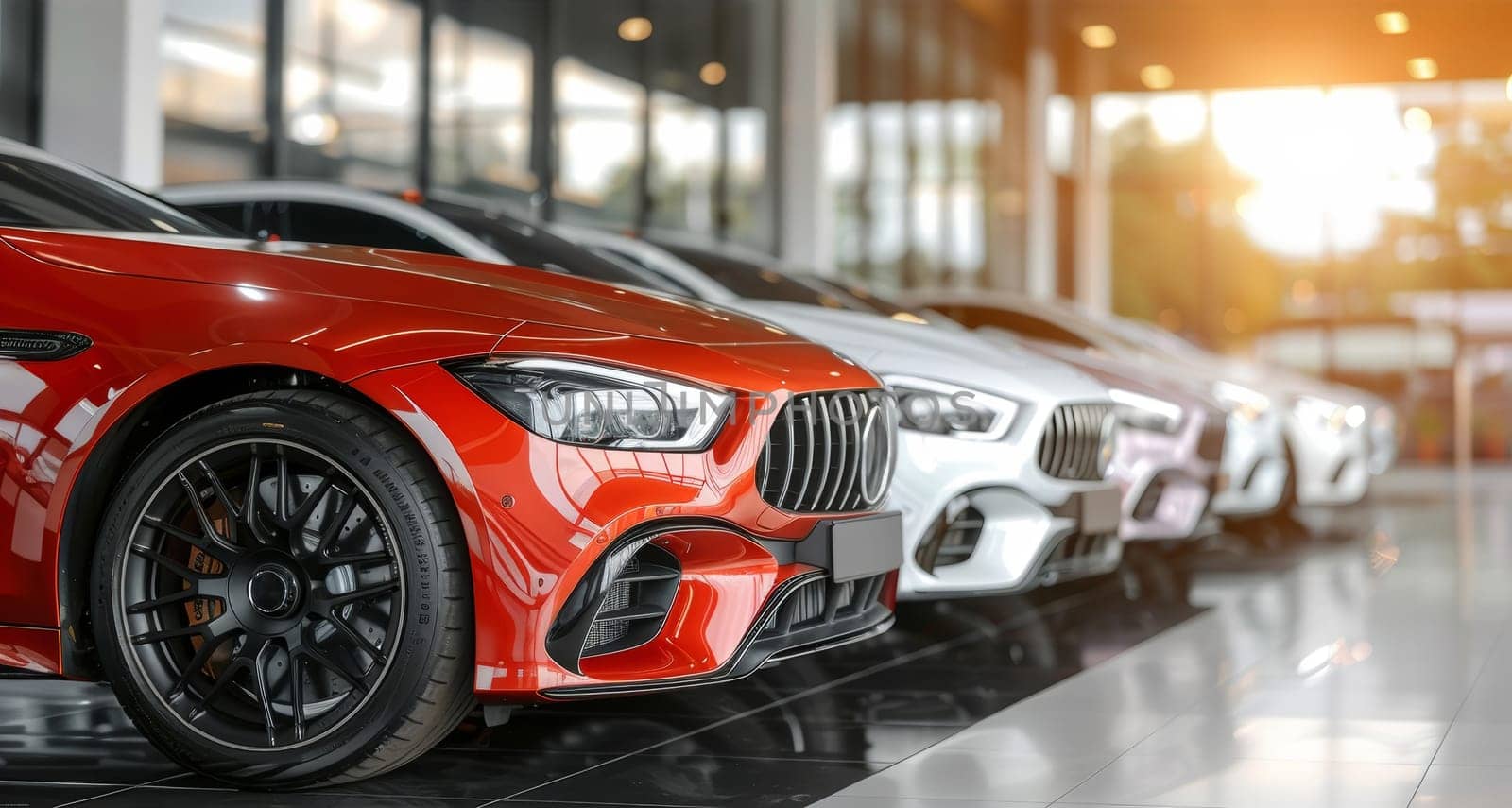 A row of sleek, high-performance luxury cars on display in a modern, well-lit showroom setting