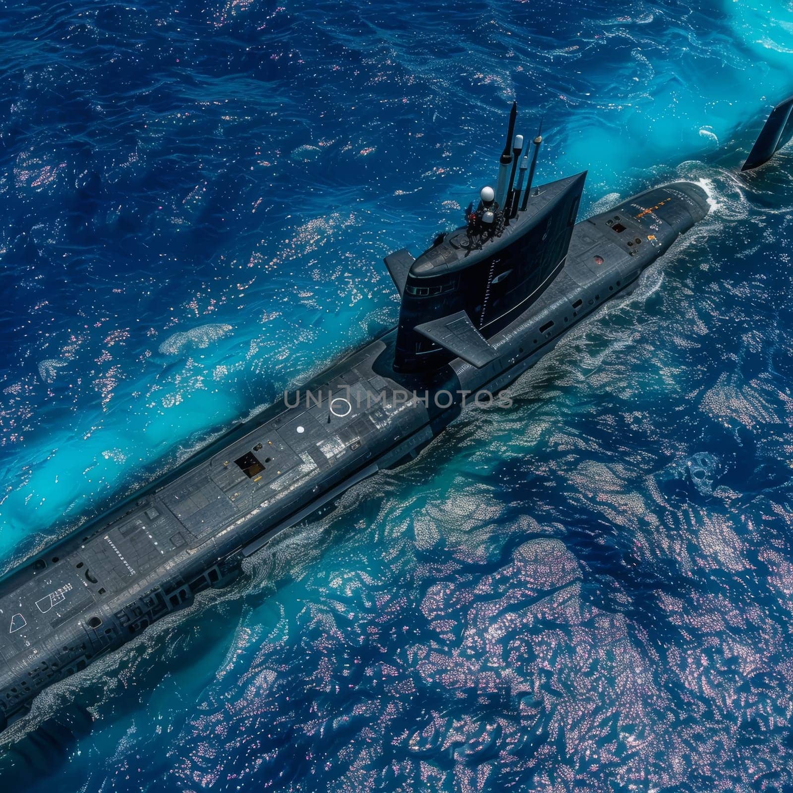 A sleek and formidable military submarine gracefully navigates the vibrant turquoise waters, leaving a trail of white-capped waves in its wake as it cuts through the serene ocean expanse. by sfinks