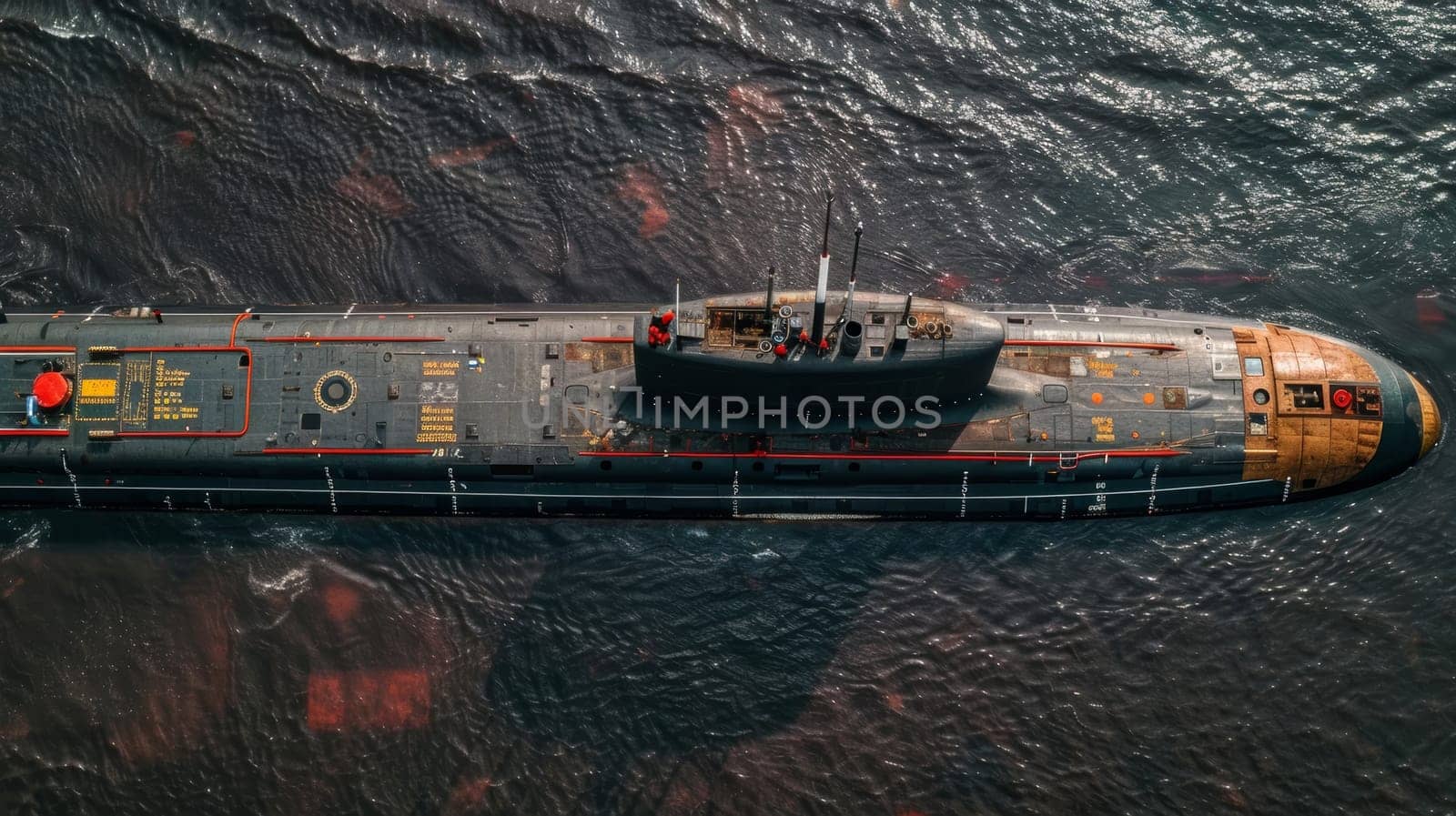 A rugged and weathered military submarine navigates the turbulent, foaming waters of a stormy ocean, conveying a sense of power, resilience and the harsh realities of naval operations