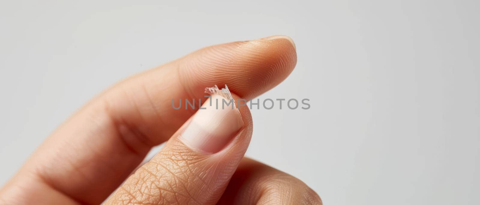 An extreme close-up of a completely shattered and splintered fingernail, conveying a sense of pain and the body's fragility. by sfinks