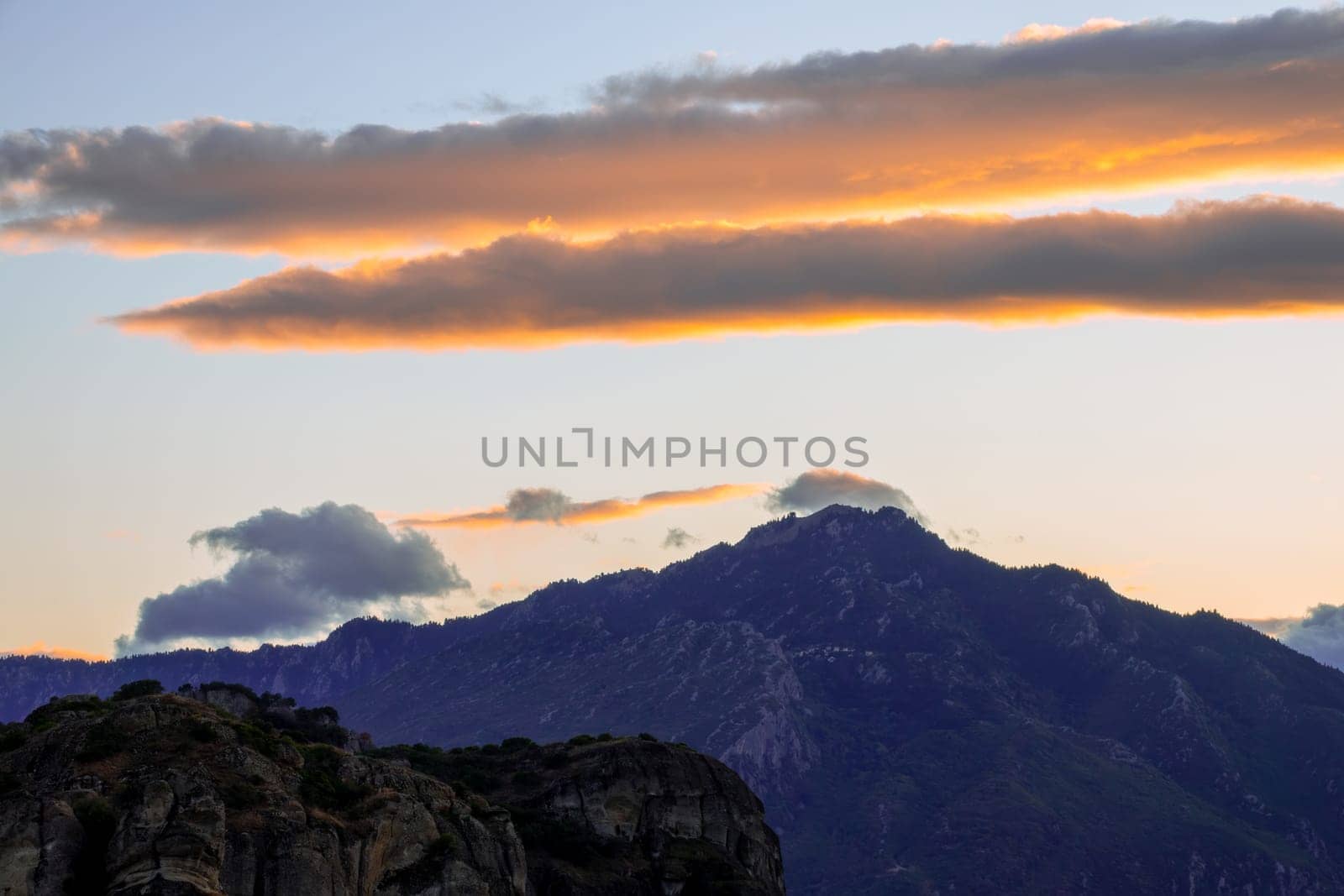 Greece. Mountains in Kalambaka. Amazing clouds and rocky cliffs