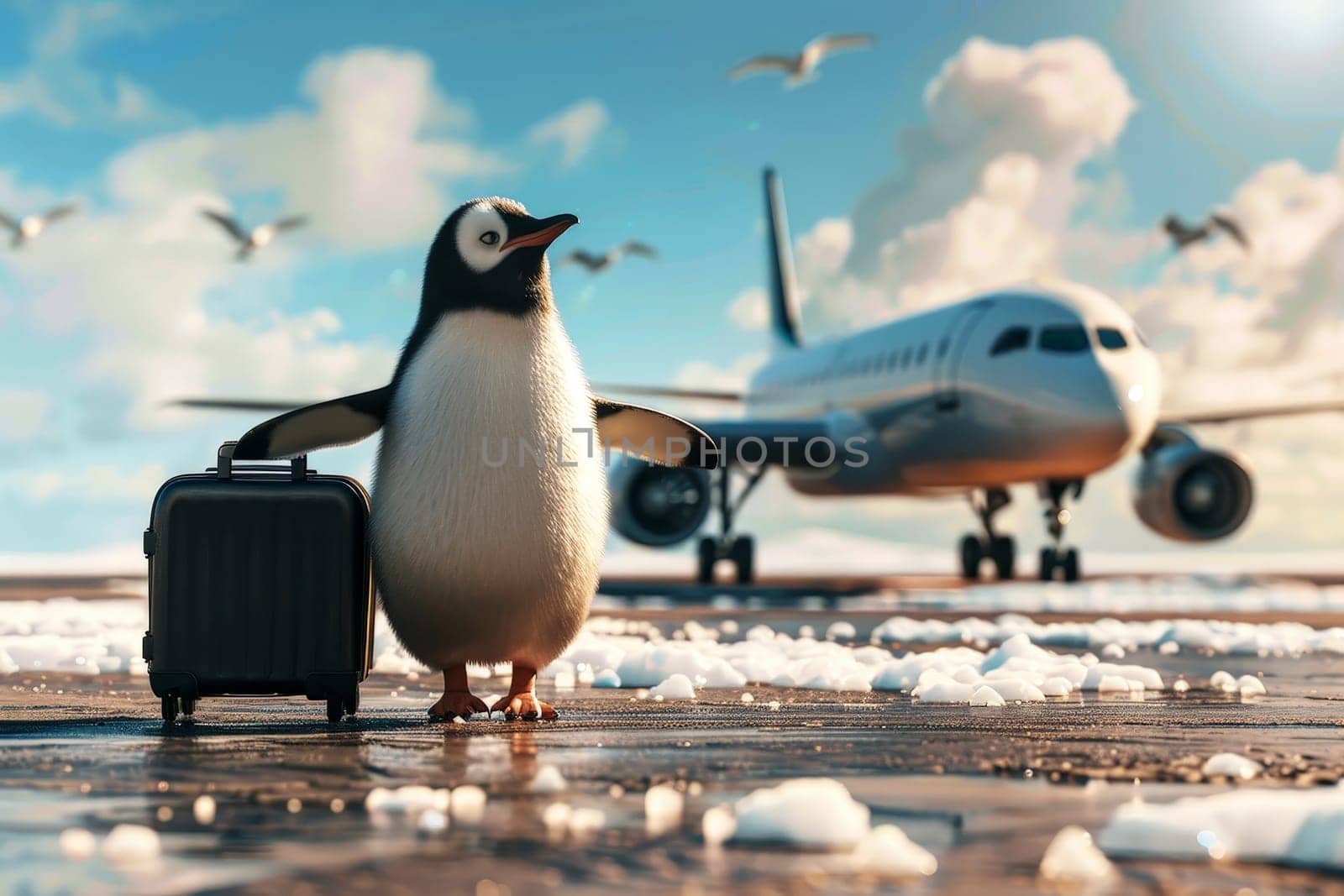 penguin on vacation with a suitcase. Generative Ai.