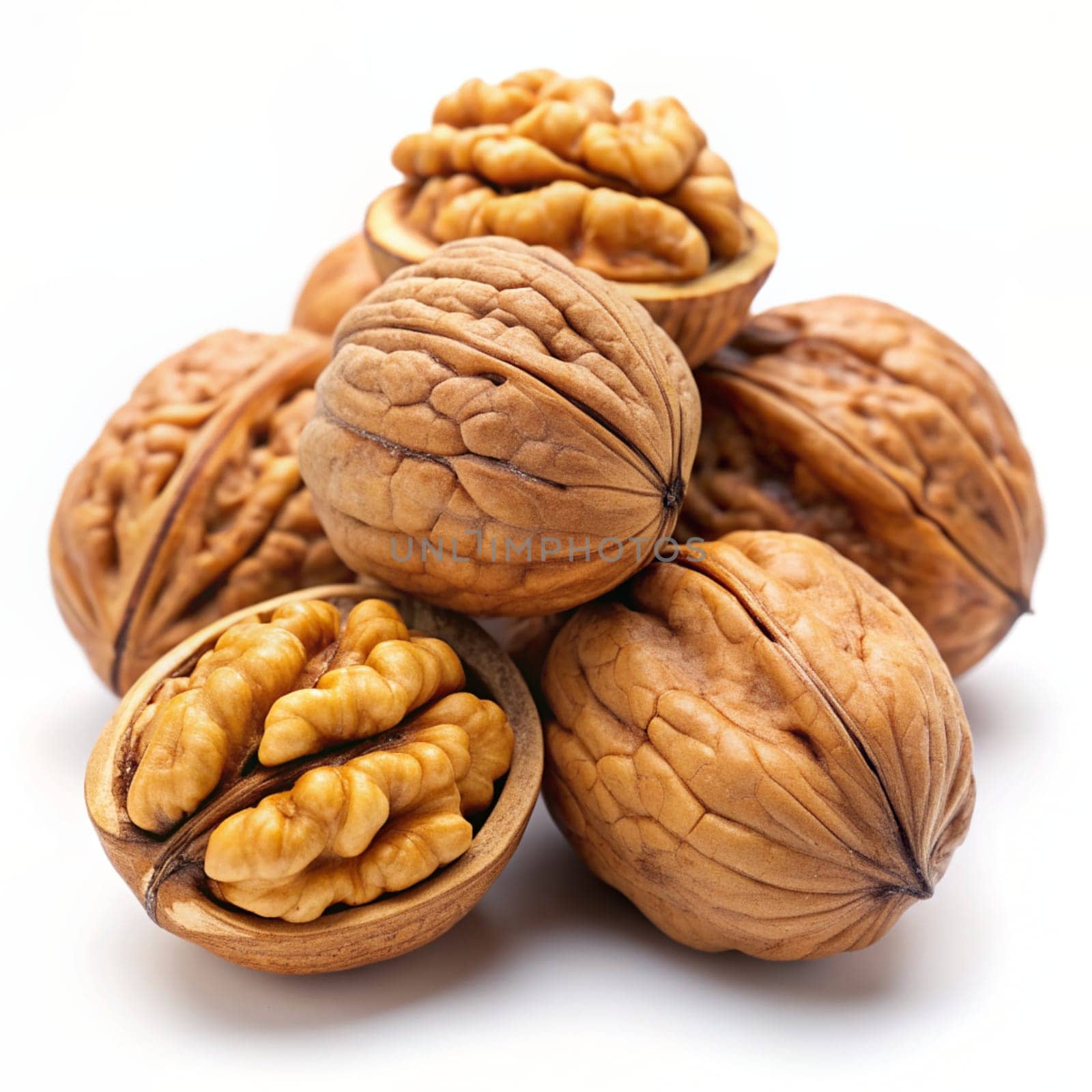 Walnuts peeled and unpeeled on white background. Ai generated by alenamoore