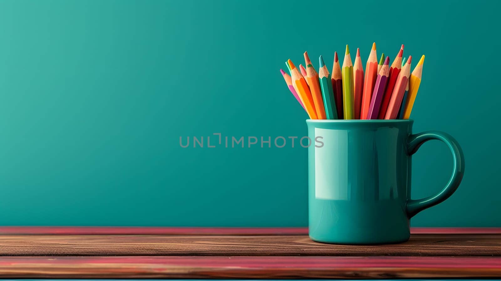A desk organizer filled with writing implements in shades of magenta, including pencils, is placed on a wooden table