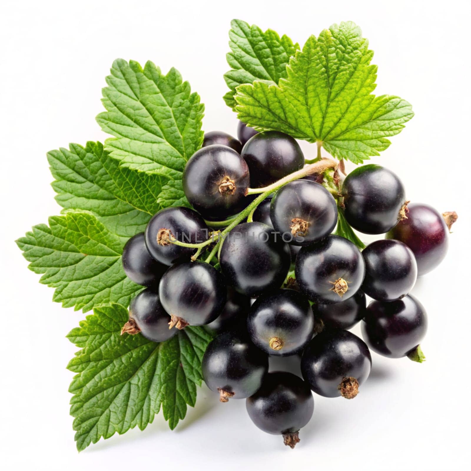 Black currant berries branch with green leaves isolated on white background. Ai generated image