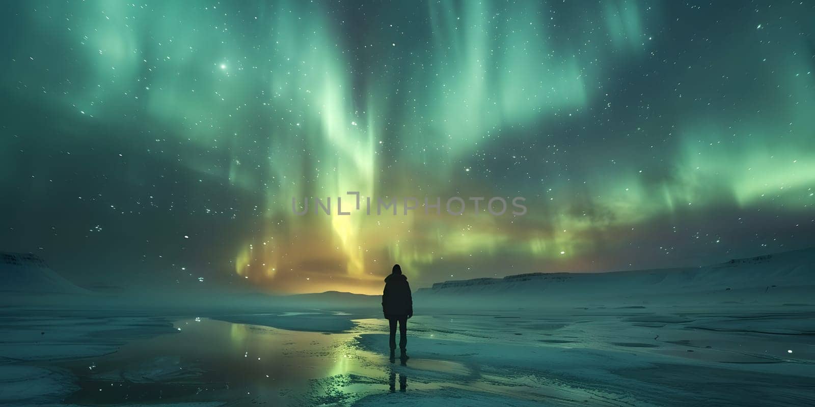 A person stands in a snowy field admiring the aurora borealis in the sky, surrounded by the serene landscape and the natural beauty of the atmosphere
