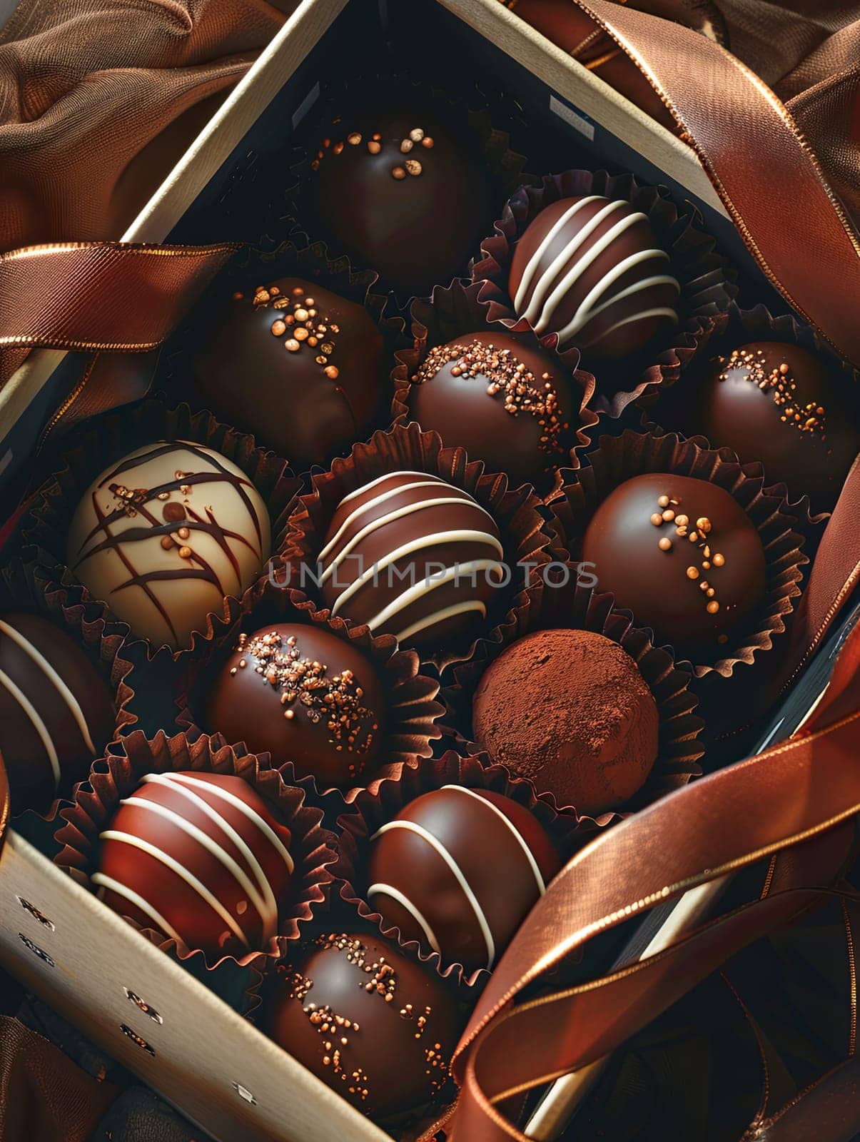 Elegant box of chocolate truffles tied with a brown ribbon, representing a luxurious and rich gift.