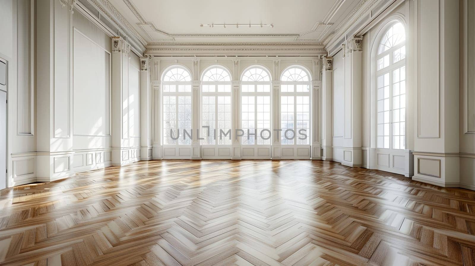 A big empty banquet hall with parquet flooring and vintage-style decor, featuring a multitude of large windows.