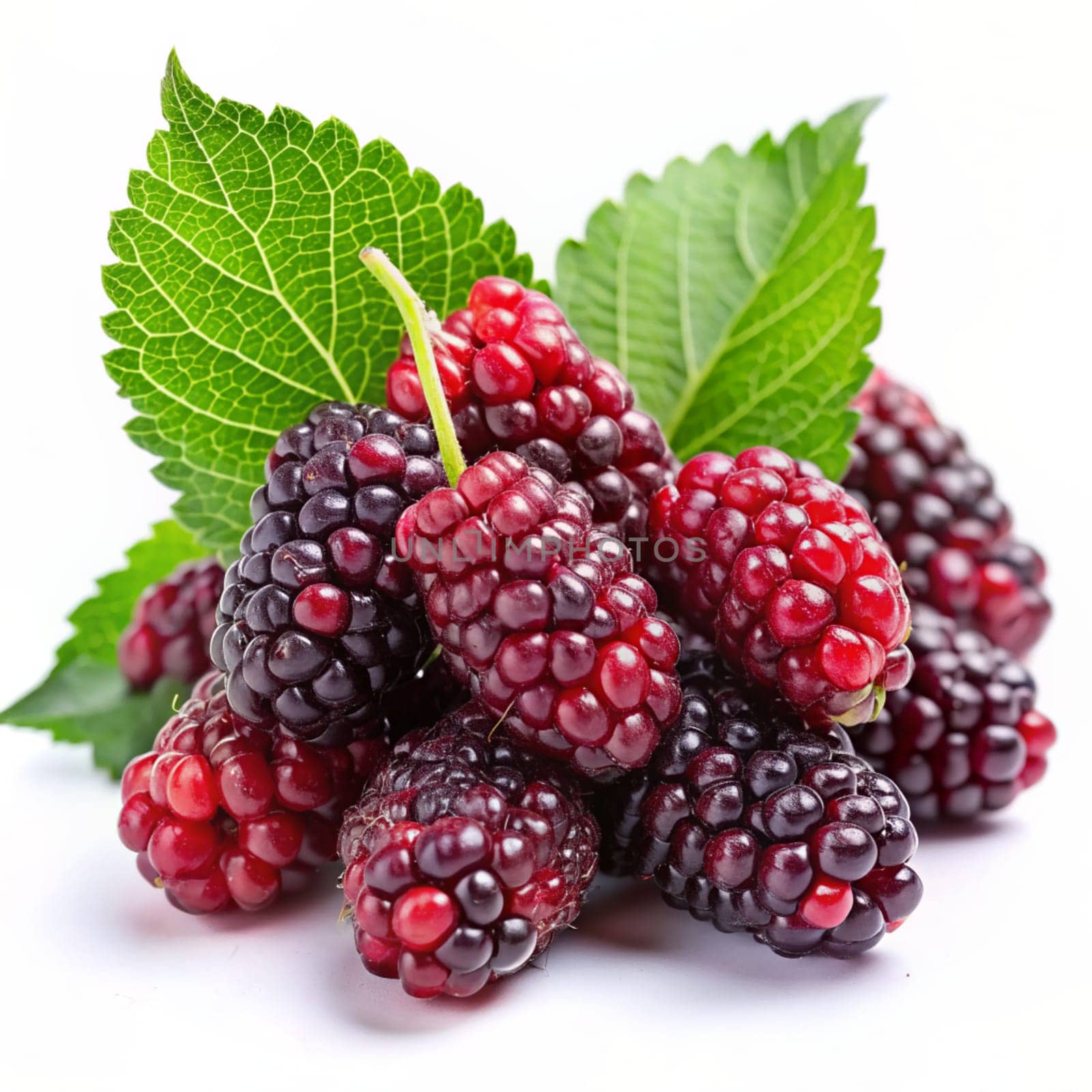 Mulberry fruits with green leaves isolated on white background. Ai generated by alenamoore