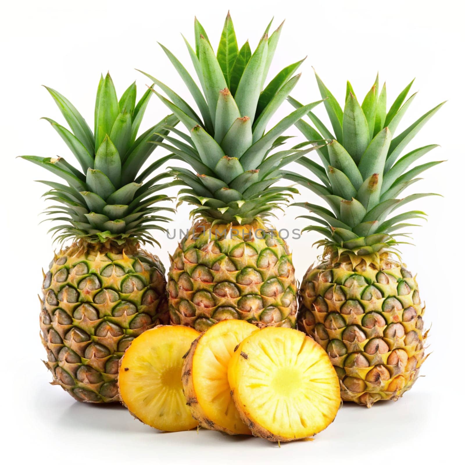 Fresh ripe pineapple fruit, pineapple fruit slices isolated on white background. Ai generated image