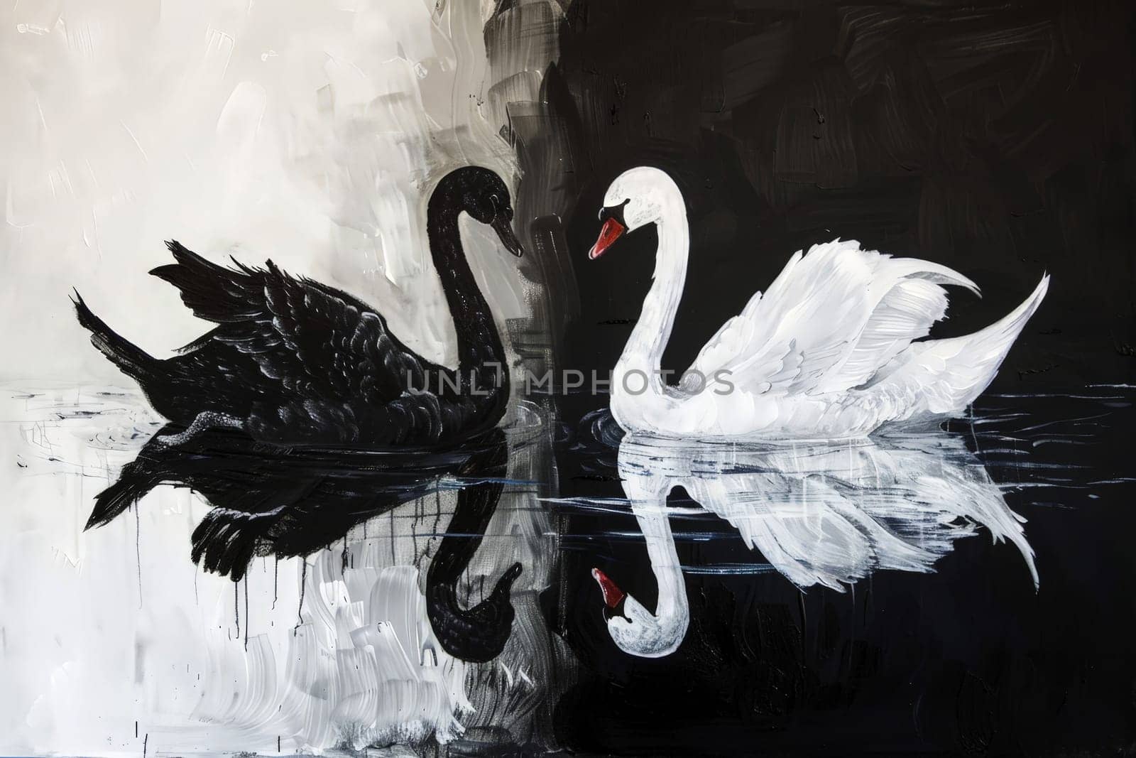 oil paint acrylic A black swan on the surface of the water among white swans. ai generative.