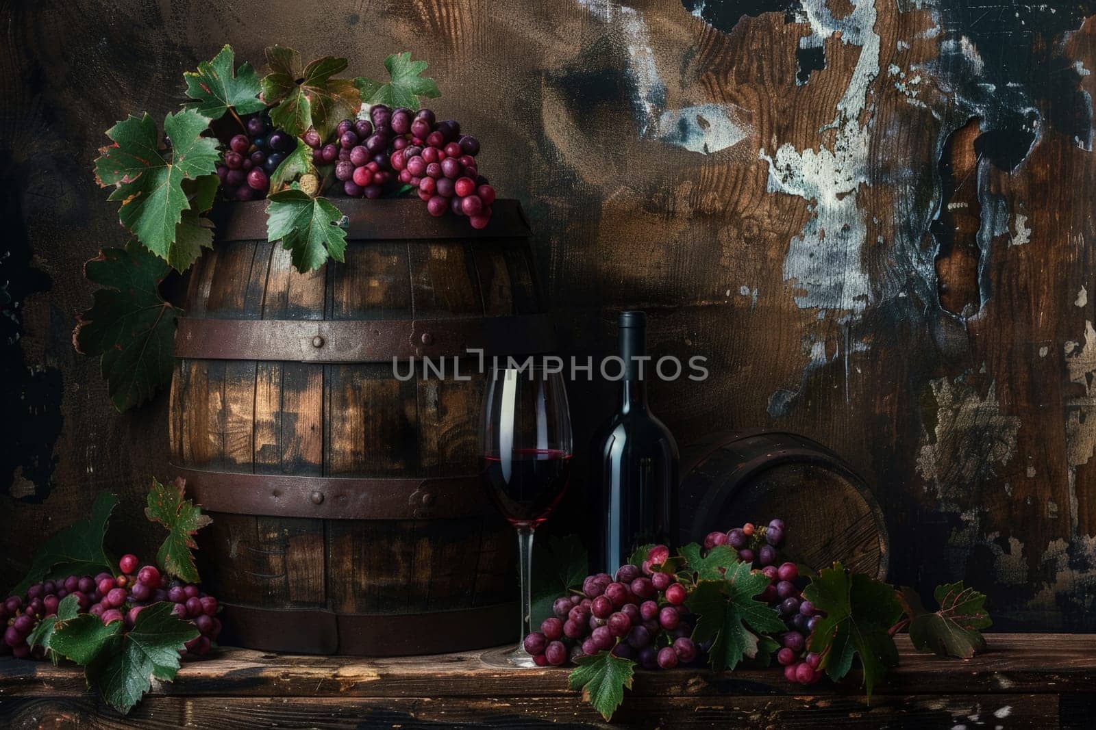 Red Wine Bottle with Vintage Rustic Oak Wooden Background.