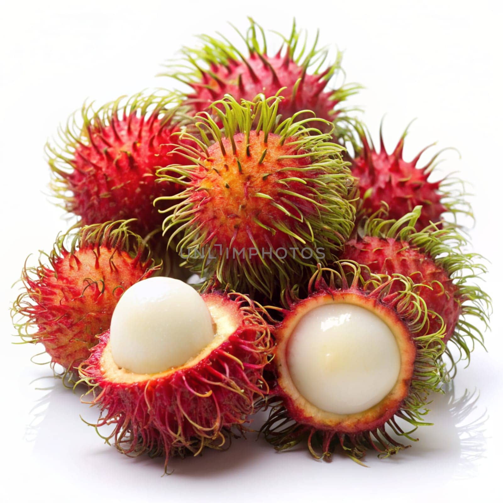 Rambutans whole and peeled isolated on a white background. Ai generated image