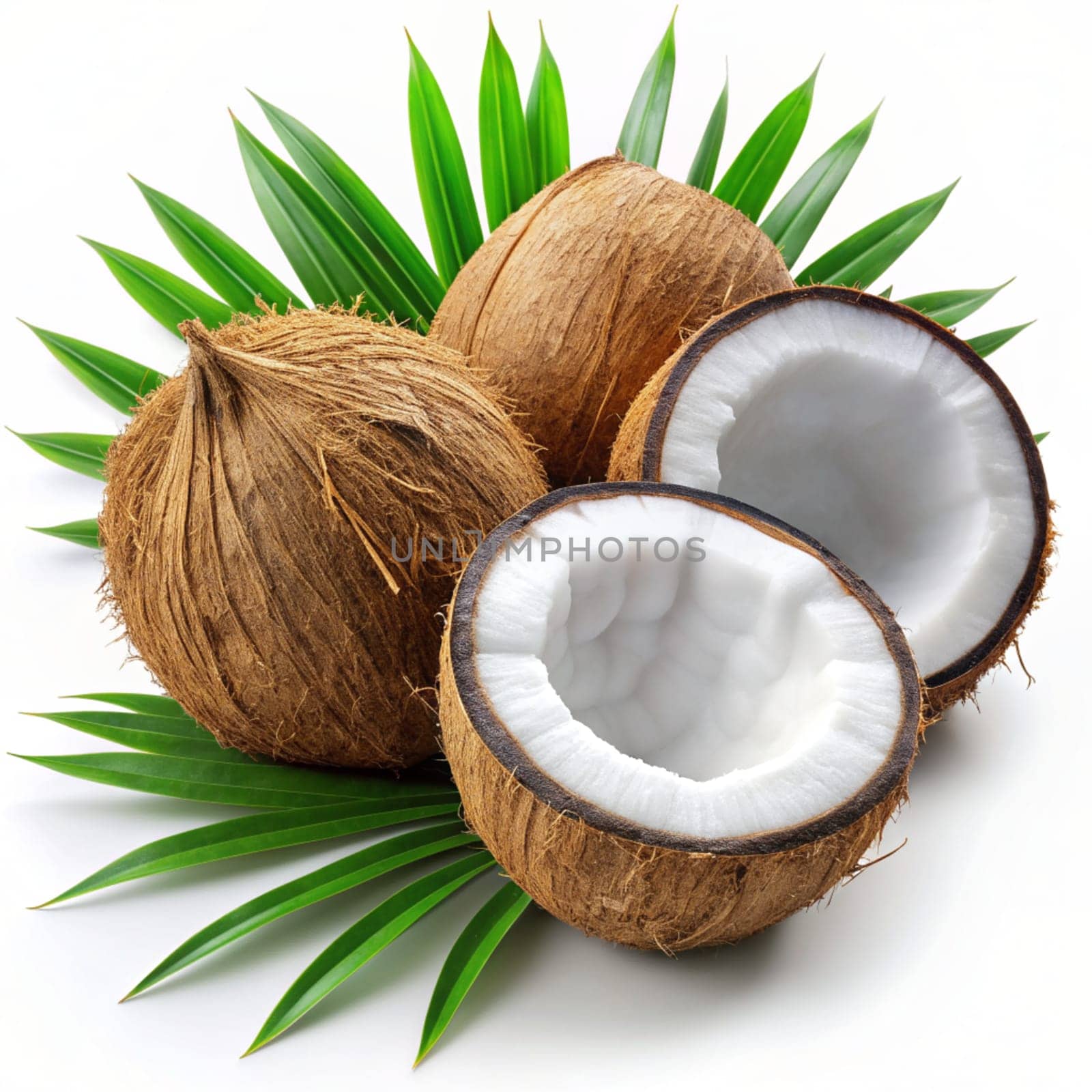 Whole coconut and half with leaves on white background. Broken white coco. Ai generated by alenamoore