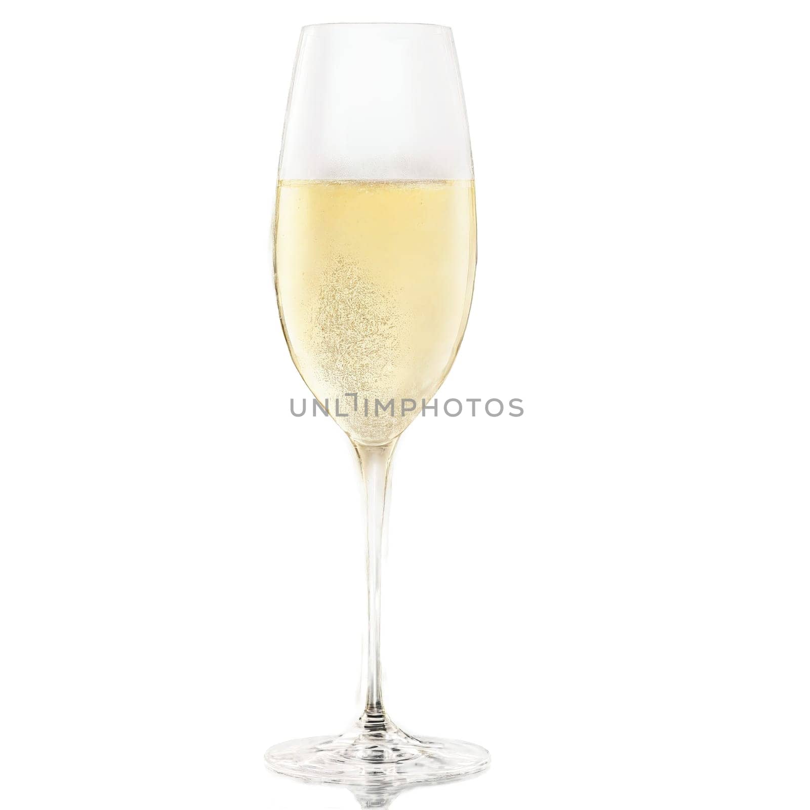 Stolzle Revolution Sparkling Wine glass uniquely shaped crystal bowl long stem pale champagne with rising. Close-up wine glass, isolated on transparent background