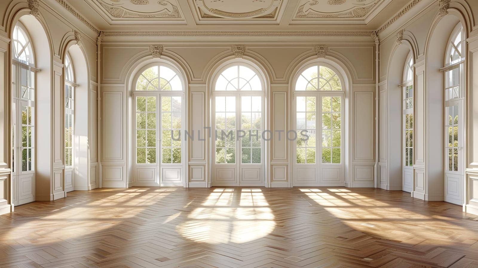 An empty banquet hall with vintage parquet floors and expansive windows, creating a bright and airy space.