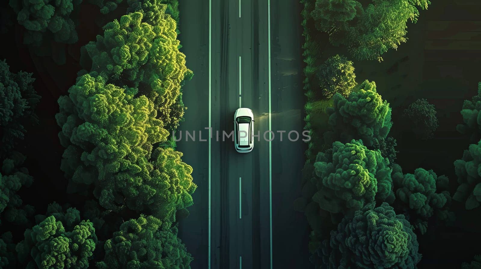 A car drives down a road surrounded by lush green trees in a forest.