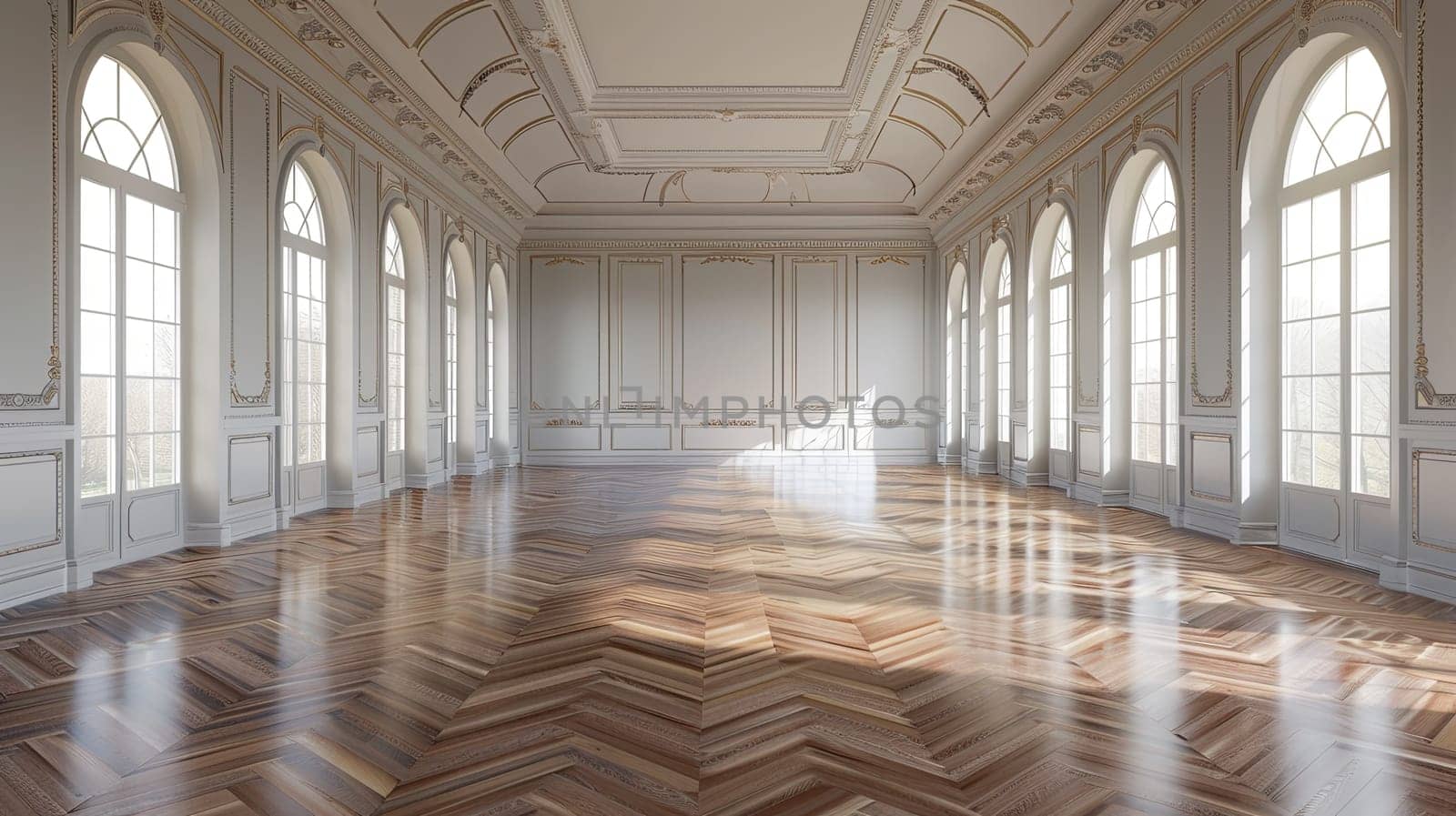 A vintage-style banquet hall with a parquet floor, empty and filled with natural light from large windows.