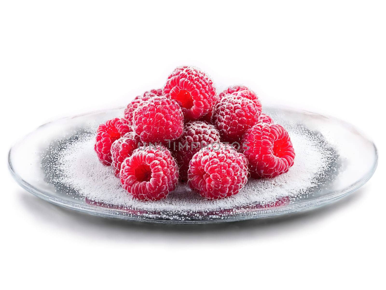Raspberries with a dusting of sugar served on a transparent glass plate delicate and sweet. Food isolated on transparent background.