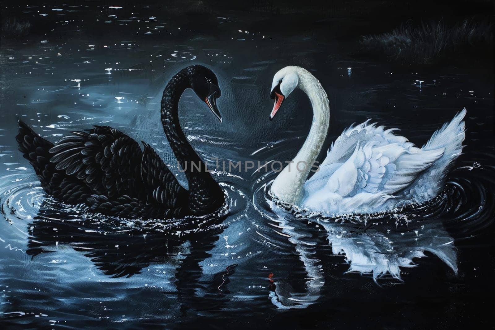oil paint acrylic A black swan on the surface of the water among white swans. ai generative.