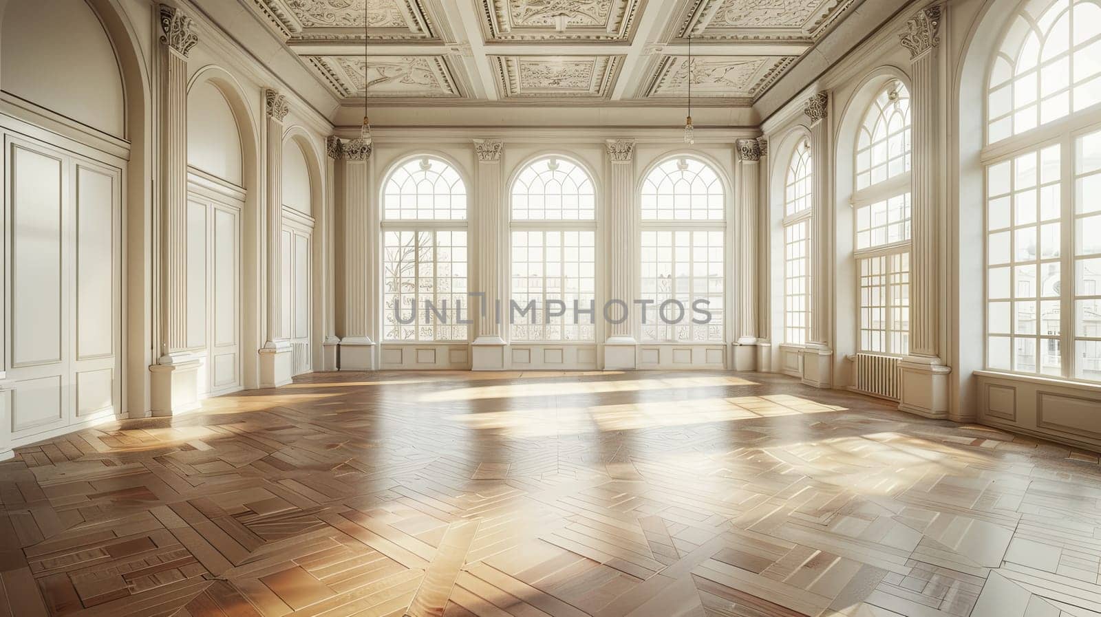 An empty banquet hall with vintage-style wooden floors, light-colored walls, and large windows illuminating the room.
