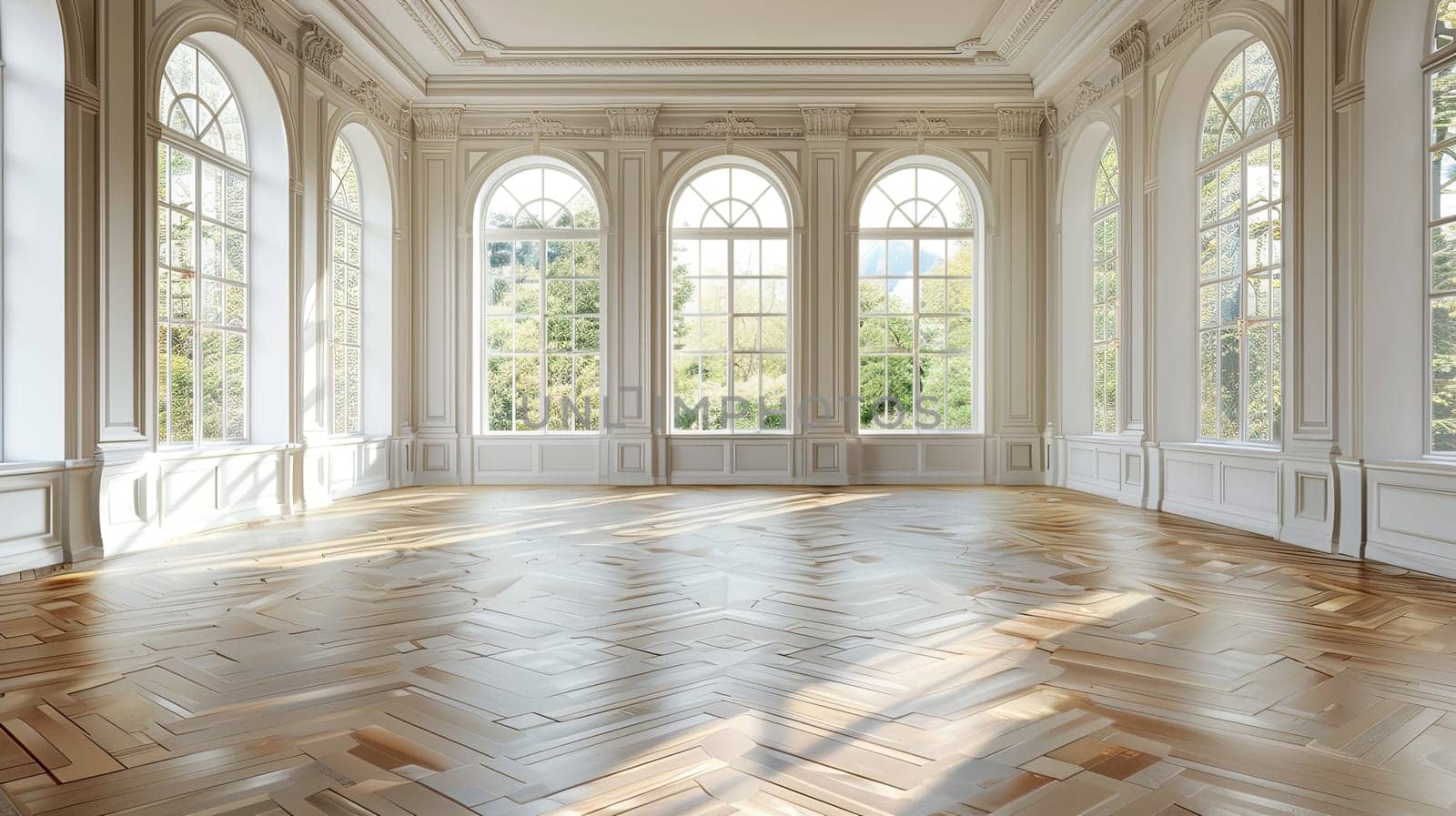 Vintage-style banquet hall featuring a parquet floor, with ample natural light streaming in through large windows.