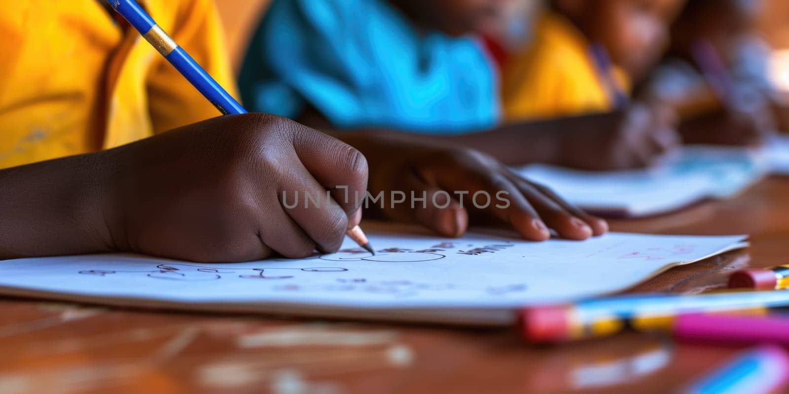 Close up of smart diverse children hand writing classwork at classroom. Attractive elementary student taking a note or doing homework while camera focus on learner holding pencil. Creative. AIG42.