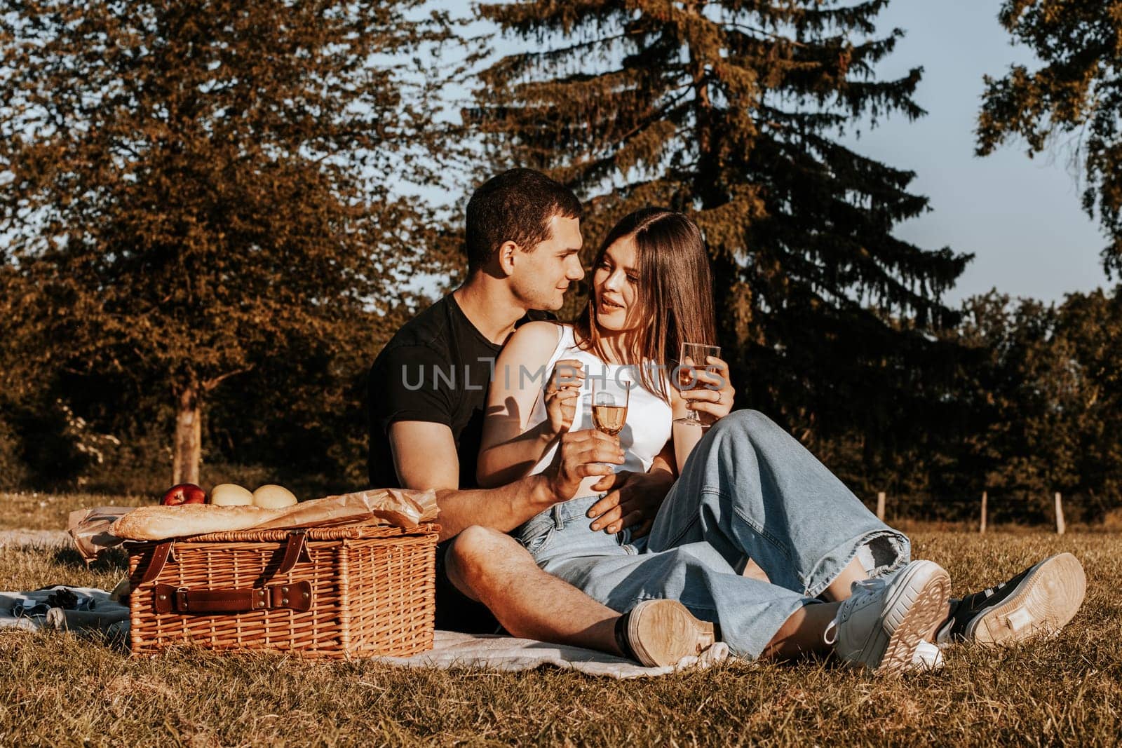 One beautiful caucasian young couple looks at each other with a tender look, holding glasses of champagne, sit hugging on a bedspread with a wicker basket and fruits in a park on a summer sunny day, close-up side view.
