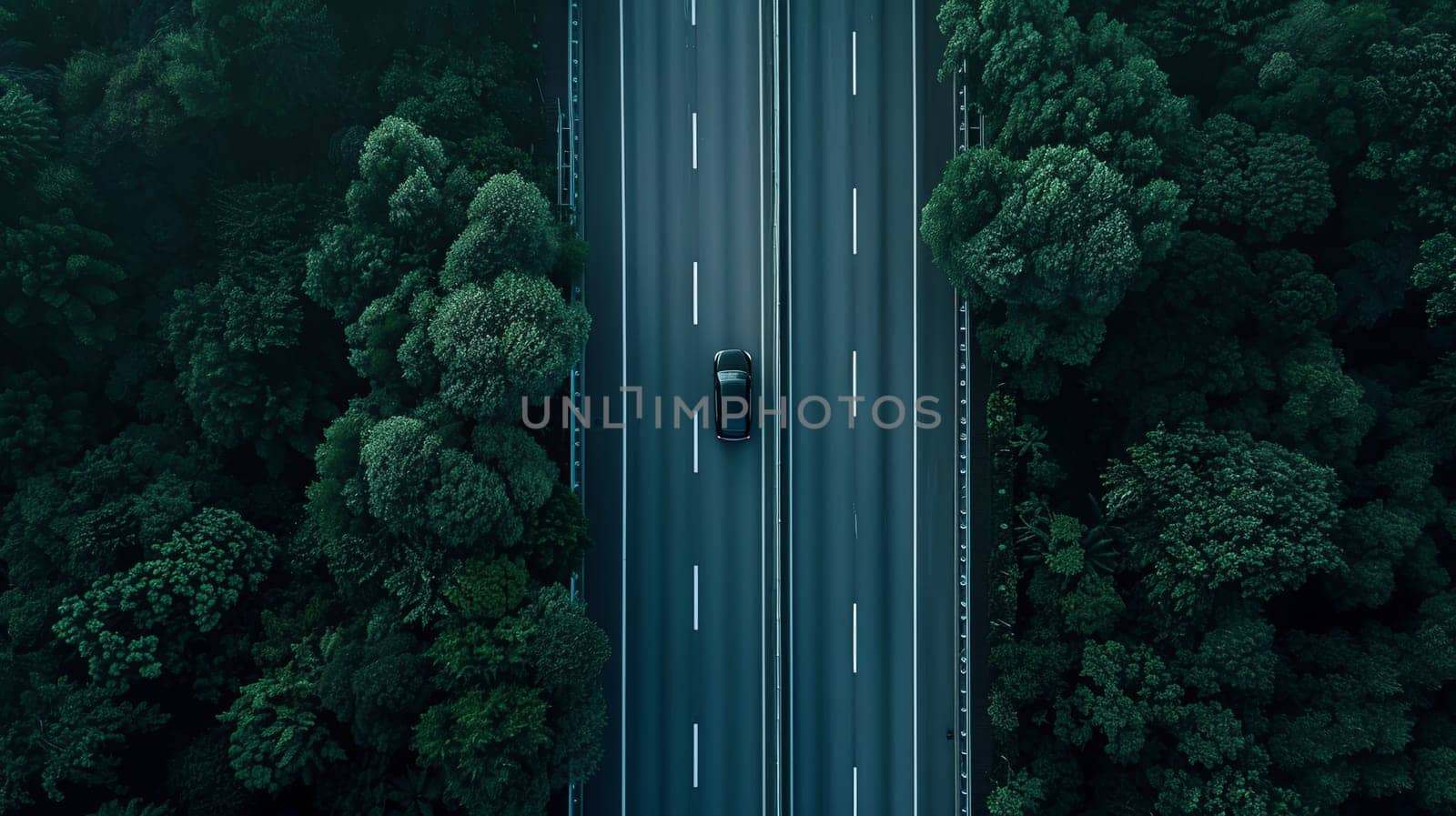 A single car drives on a long highway road through a green forest in an aerial view.