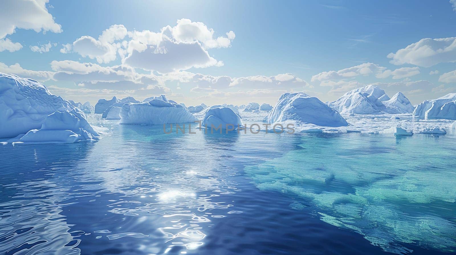 A cluster of icebergs floating on the surface of a cold Arctic body of water.