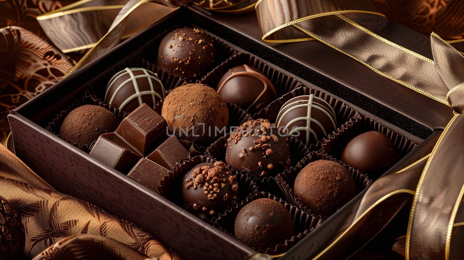 A high-detail box of chocolate truffles with a luxurious presentation, adorned with elegant ribbons in rich dark colors.