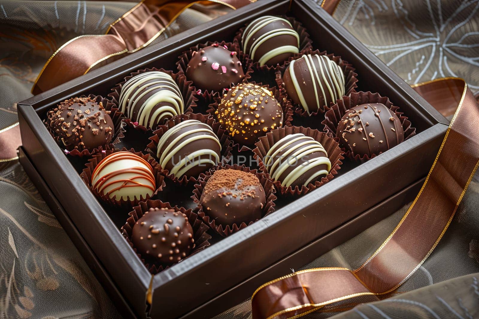 Luxurious box of dark chocolate truffles adorned with a ribbon.